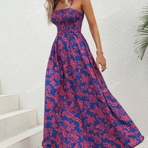 Floral Strapless Maxi Dress in Blue and Pink